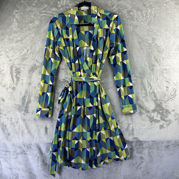 Calvin Klein Dresses & Skirts - Calvin Klein Wrap Dress Women's 8 Blue Green Bright Geometric Print